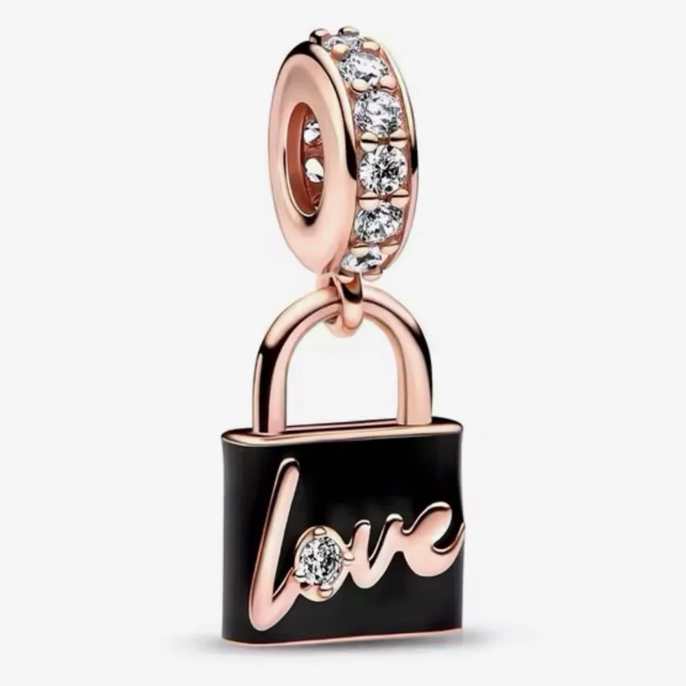 Bracelet Charm Rose Gold Love Lock with Rhinestones